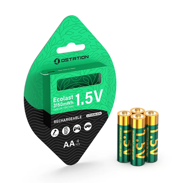 Ostation Ecolast 1.5V AA rechargeable lithium-ion batteries 4 pack in green eco-friendly packaging