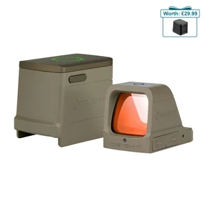 Olight Osight flat dark earth red dot sight with its charging cover on a plain white background