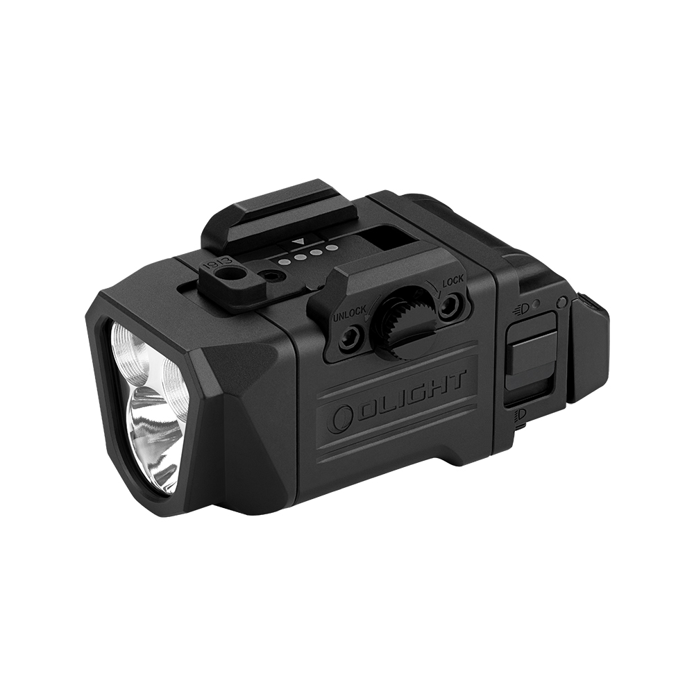 Olight Black PL X Weapon Light Isometric View with Picatinny Rail Mount for Tactical and Self Defense Use