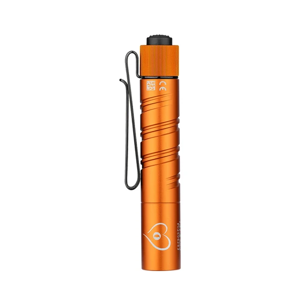 Olight Orange I3T 2 Flashlight Side View with Two-Way Pocket Clip and Tail Switch for EDC and Outdoor Use
