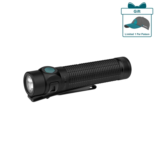 Olight Black Baton 4 Pro Premium Edition Flashlight Side View with Green Button and Textured Body for Everyday Carry