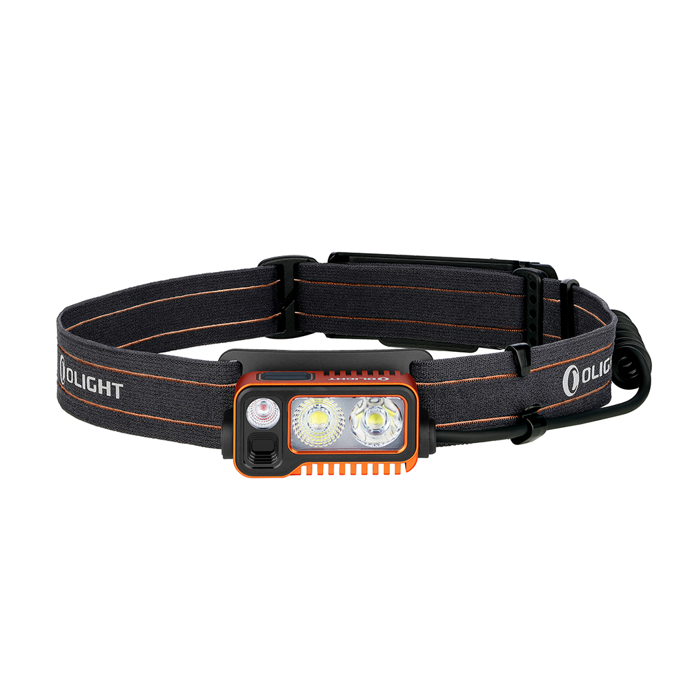 Olight Array 2S headlamp, orange and black with two main LEDs and a red light, on white background