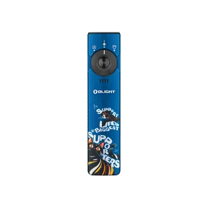 Olight Arkflex EDC light, multi-functional tool with cat and dog graphics on blue body, UV, laser, and flashlight modes