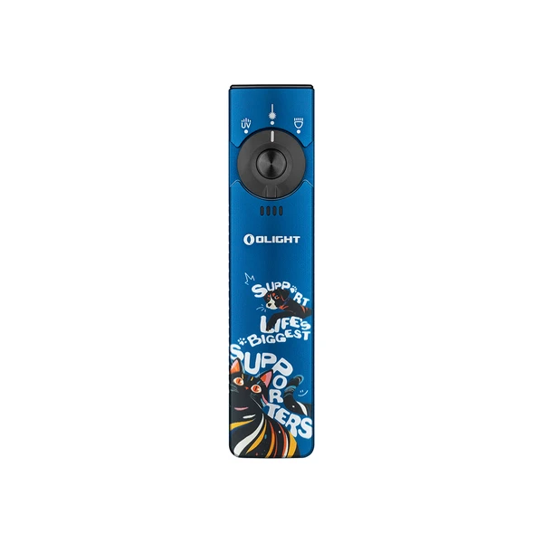 Olight Arkflex EDC light, multi-functional tool with cat and dog graphics on blue body, UV, laser, and flashlight modes