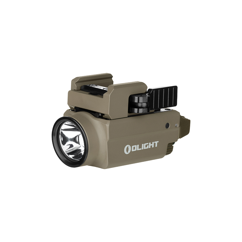 Olight Baldr S BL Tan, tan weapon light with green laser, tactical flashlight, pistol light, gun accessory