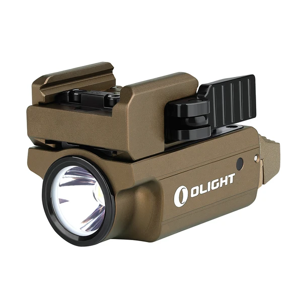 Olight Baldr S BL 800-lumen magnetic weapon light with green laser in desert tan finish, isolated on white