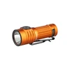 Olight Warrior Mini 2 tactical flashlight, orange aluminum body, black pocket clip, side switch, powerful illumination