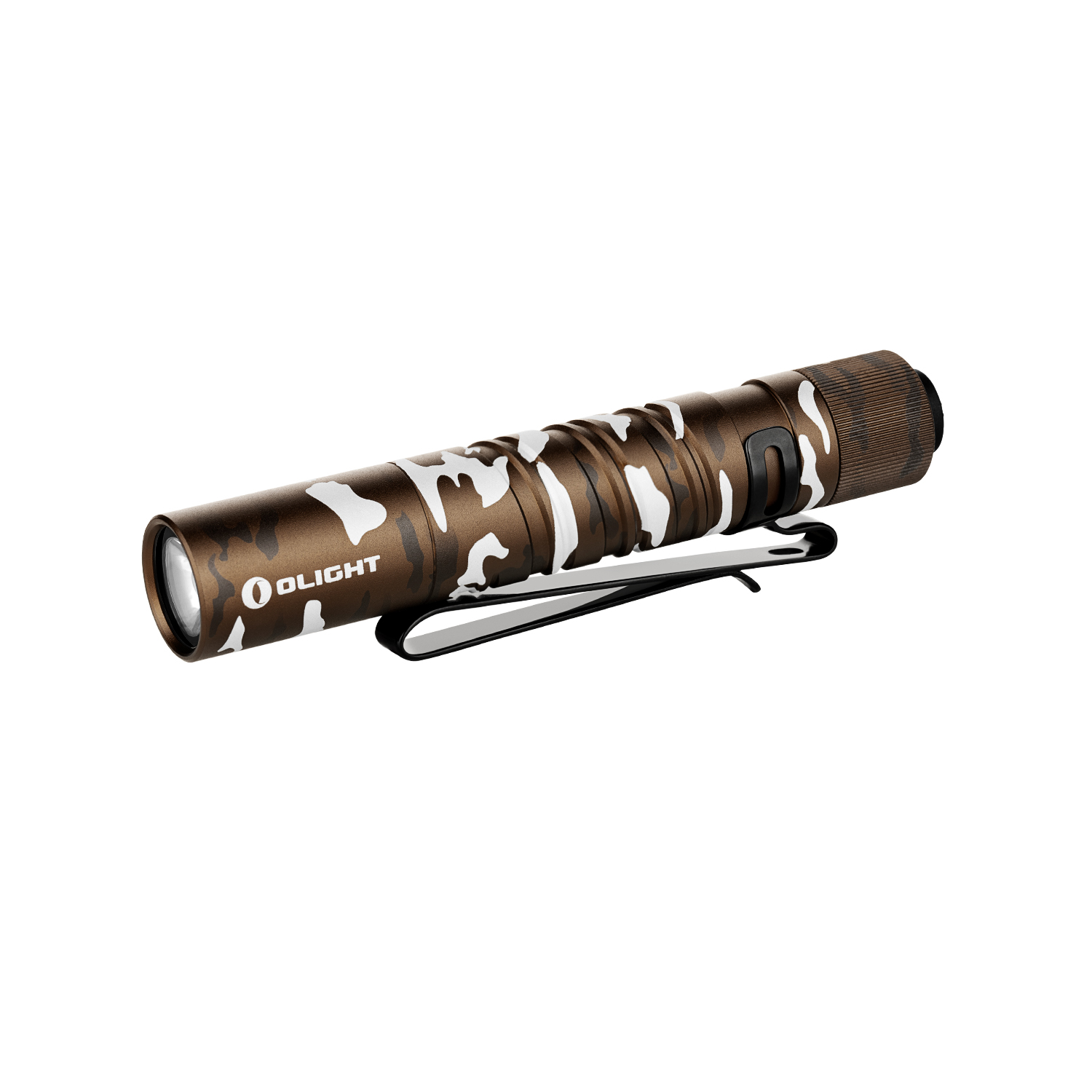 Olight tactical flashlight, brown and white camouflage, black clip, white lanyard, tactical, camping, EDC.