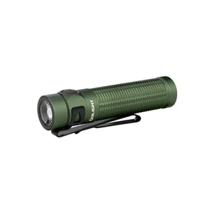 Olight green tactical LED flashlight with textured grip and black pocket clip