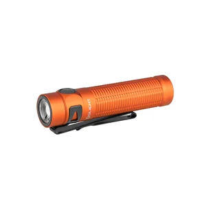 Olight orange LED flashlight with textured body and black pocket clip