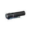 Olight black LED flashlight with blue accents, textured body, and pocket clip.
