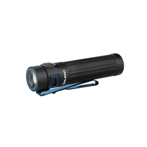 Black Olight tactical flashlight with blue ring, button, and clip, textured body.