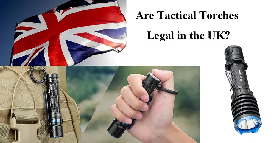 Collage of tactical torches and a UK flag with text asking about their legality in the UK.