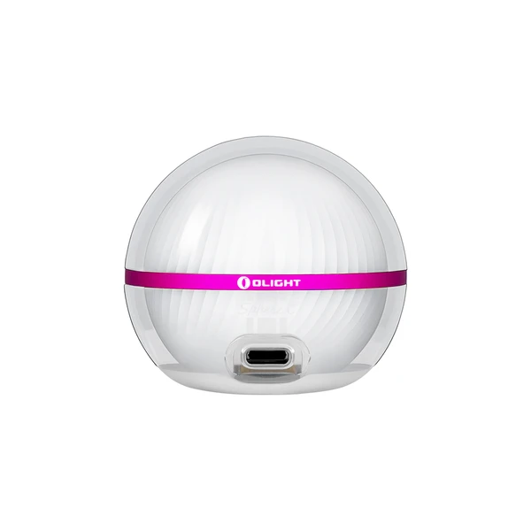 Olight Sphere C white spherical light with magenta band showing USB-C charging port on white background