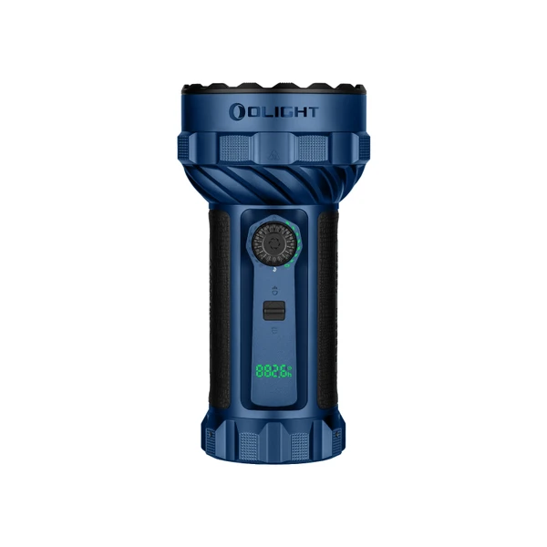 Olight blue powerful flashlight with LED display and green pocket-sized torch gift promo banner