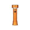 Orange flashlight with textured body, side switch, and power indicator, standing upright on a white background