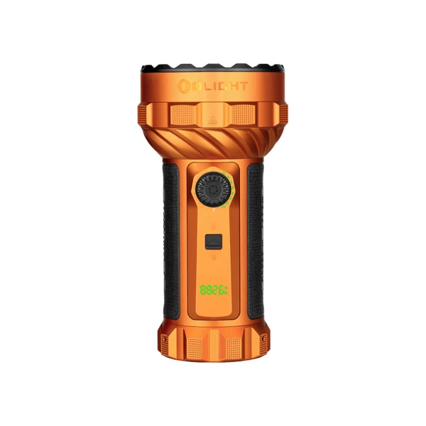 Orange Olight high performance flashlight with black textured grip and free green pocket light gift offer
