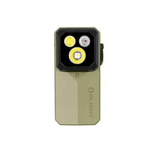 Olight olive green rectangular EDC flashlight with triple LED optics on white background