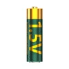 Rechargeable 1.5V lithium-ion battery with a green and gold design, featuring a contoured pattern.