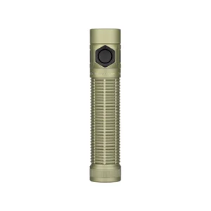Olight OD Green Baton Ultra flashlight with a pocket clip and textured body for everyday carry.