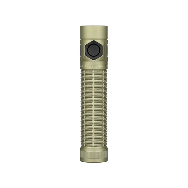 Olight OD Green Baton Ultra flashlight with a pocket clip and textured body for everyday carry.