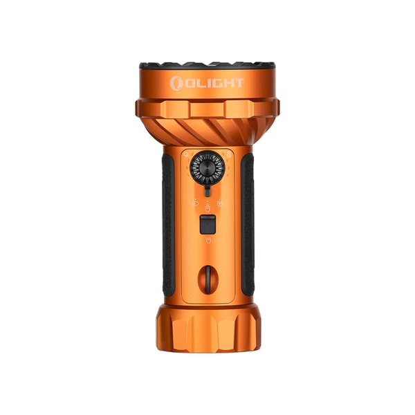 Olight Marauder Mini powerful orange rechargeable LED flashlight with multi-color beam options and rotary switch knob