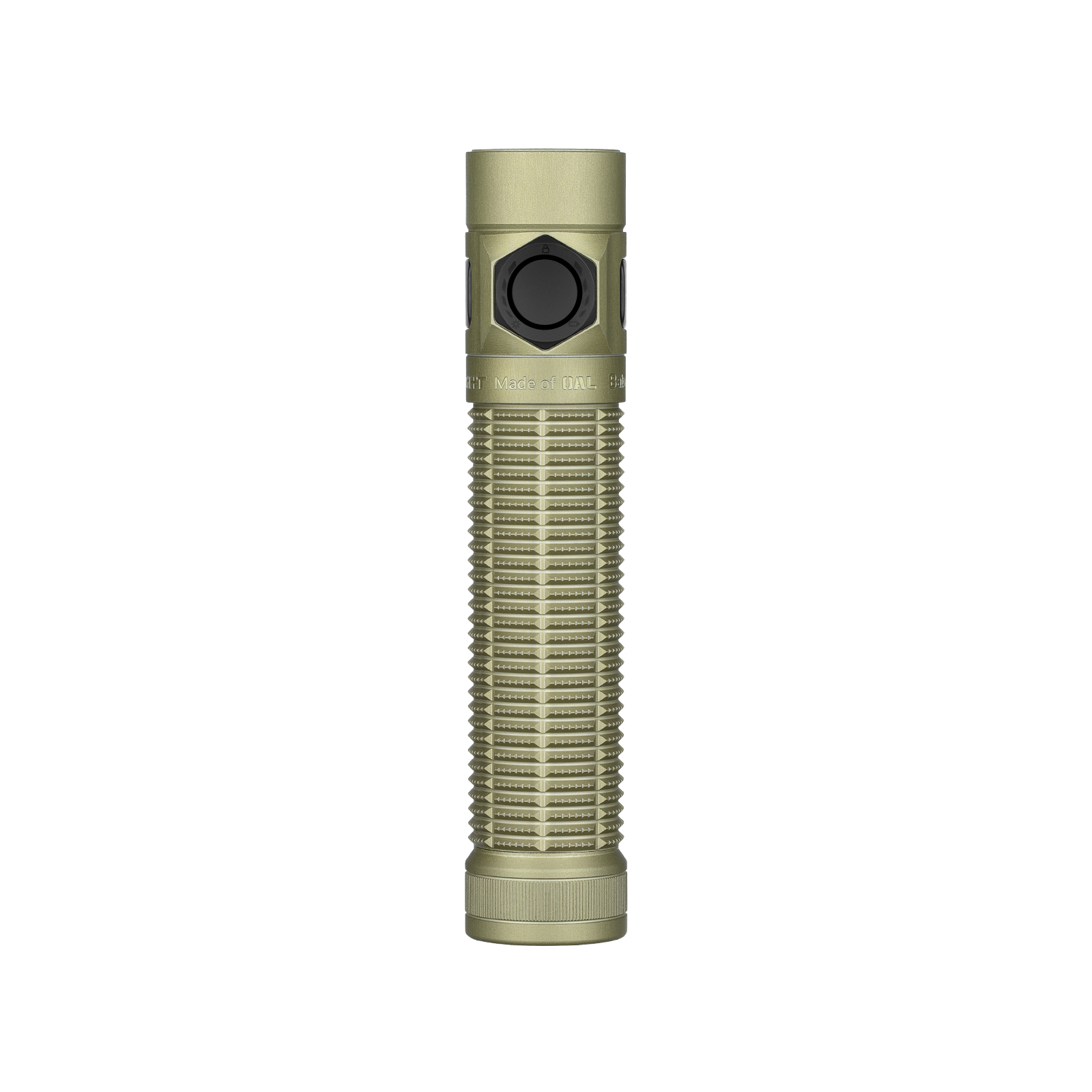Olight Khaki Baton 4 Pro Premium Edition Flashlight Front View with Black Button and Textured Body for Everyday Carry