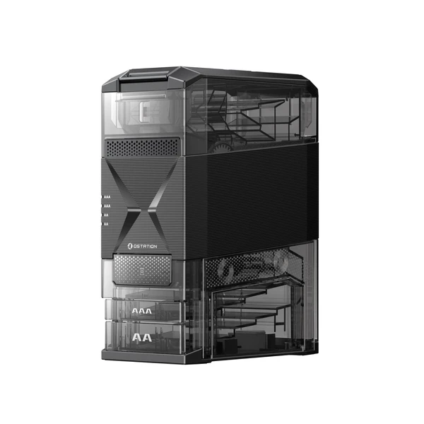 Ostation transparent desktop PC case, black and clear plastic, modular design, modern computer hardware, gaming PC build.