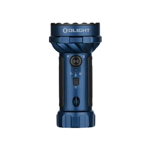 Olight Marauder 2 powerful blue LED flashlight with rotary switch and battery level indicator isolated on white background