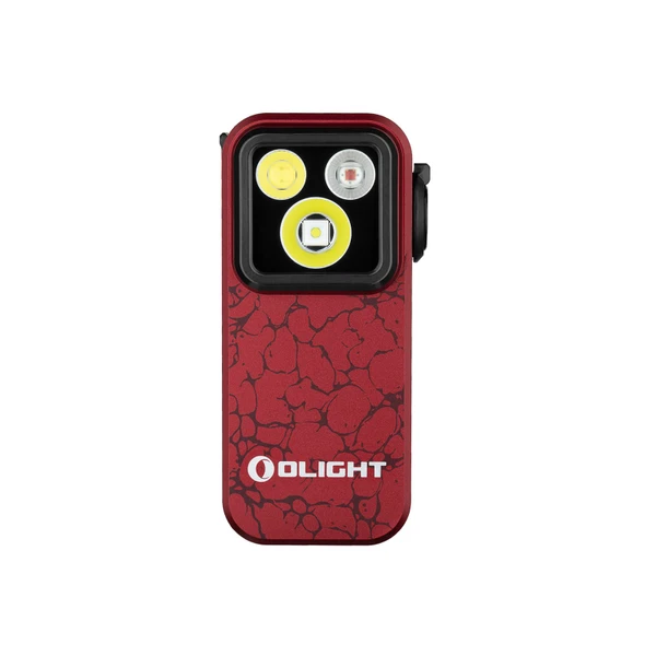 Olight Red OCLIP PRO front view, textured body with three distinct light sources, a versatile portable utility light for EDC.
