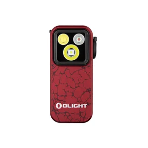 Olight Red OCLIP PRO front view, textured body with three distinct light sources, a versatile portable utility light for EDC.