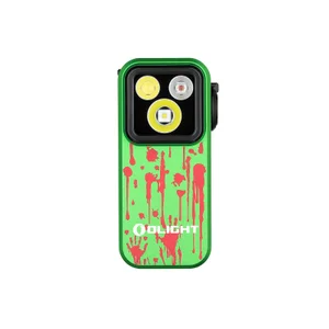 Olight Green Oclip Pro front view with red splatter pattern, triple-LED, for EDC and versatile task lighting.