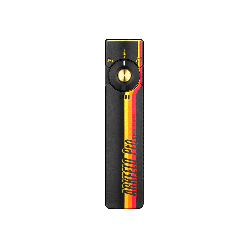 Olight Arkfeld Pro flashlight in black with gold accents and a red/yellow stripe, multiple light modes, compact design