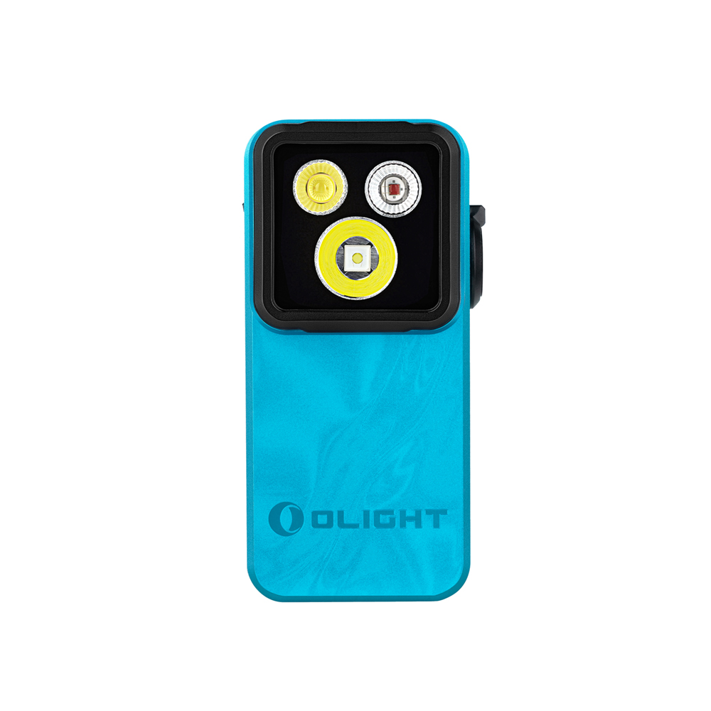 Olight blue marble EDC flashlight with triple LED optics on a white background
