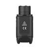 Black compact tactical light with "CAUTION HOT" warning and CE mark.