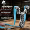 HX Outdoors aluminum alloy lock slingshot with blue flat band on a wooden table, featuring hollow lightweight design.