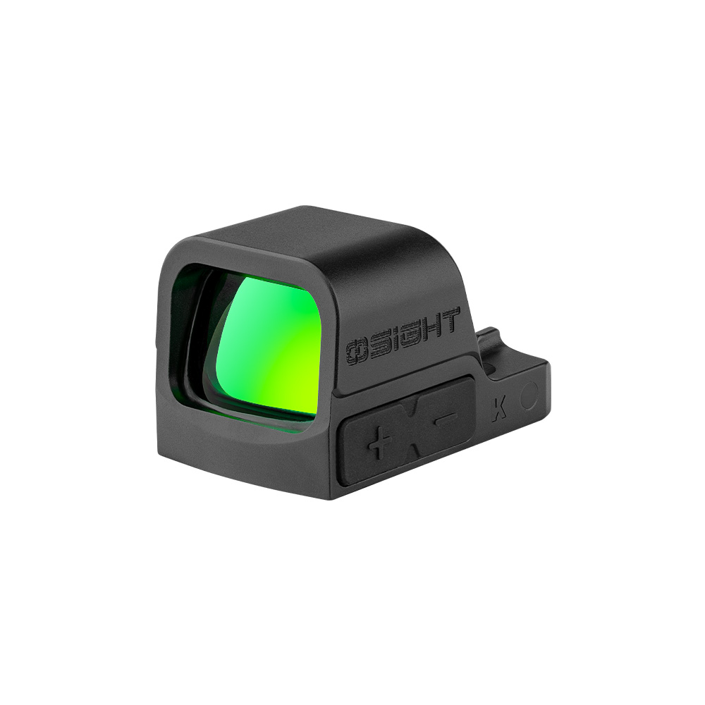 Olight Black Osight K Red Dot Sight Side View with Green Coated Lens and Brightness Buttons for Tactical Shooting