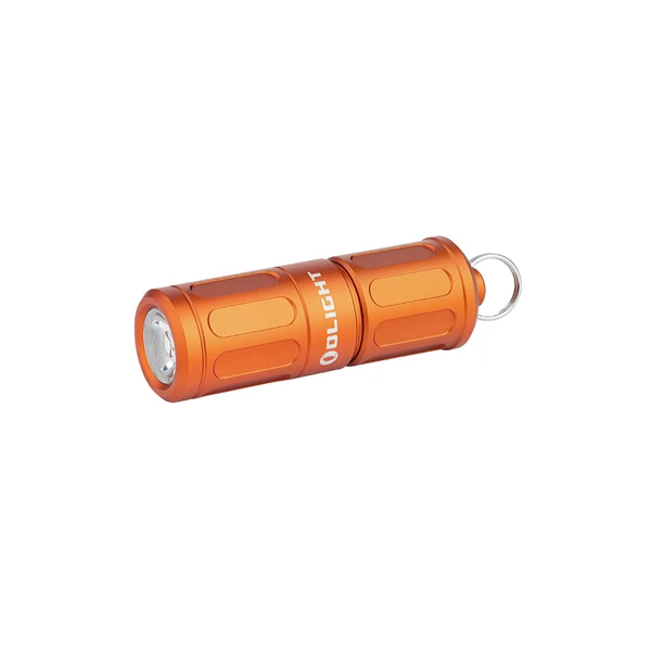Olight Orange I1R 2 Pro EOS mini flashlight, side view with ribbed texture and keychain ring for everyday carry.