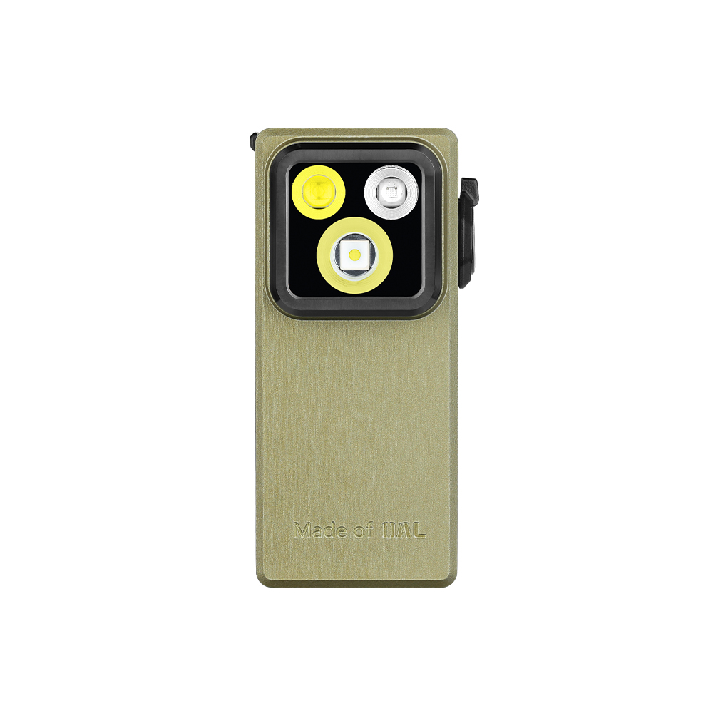 Compact olive green rectangular flashlight with triple LED bulbs on white background