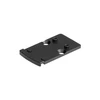 Black metal red dot optic adapter plate with mounting screw holes on white background
