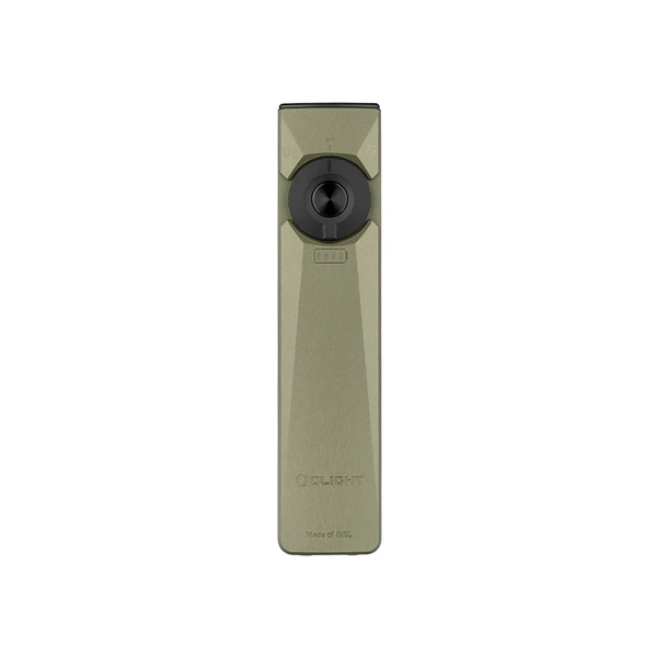 Olight Army Green Arkfeld Ultra Flashlight Front View with Black Rotary Switch and Battery Indicator for Everyday Carry