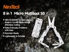 NexTool 8 in 1 Micro Multitool S0 with scissors, pocket-sized keychain multi-tool for everyday carry on wooden background.