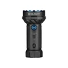 Black Olight flashlight with blue accents, multiple modes, and textured grip