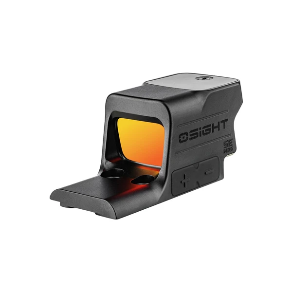 Olight Osight red dot sight with a black housing and an orange tinted lens on a white background