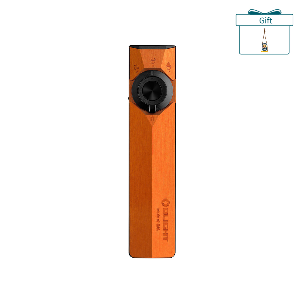 Olight Orange ArkPro Ultra Flat EDC Flashlight Front View with Selector Dial and UV Laser Light for Outdoor Use
