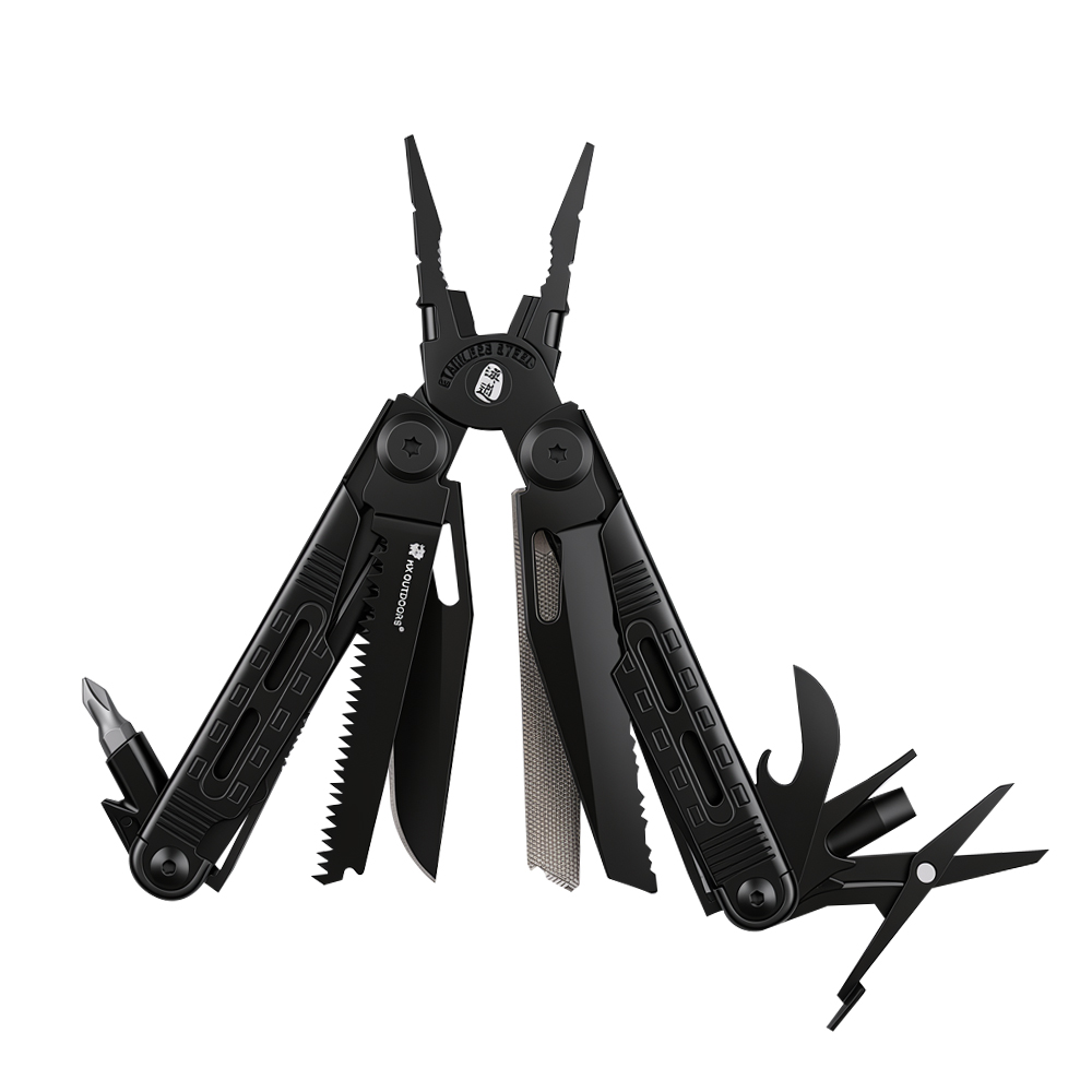 Black multi tool pocket knife with pliers scissors and screwdriver on white background