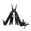 Black multi tool pocket knife with pliers scissors and screwdriver on white background