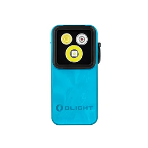 Olight compact blue EDC flashlight with triple LED emitters on white background