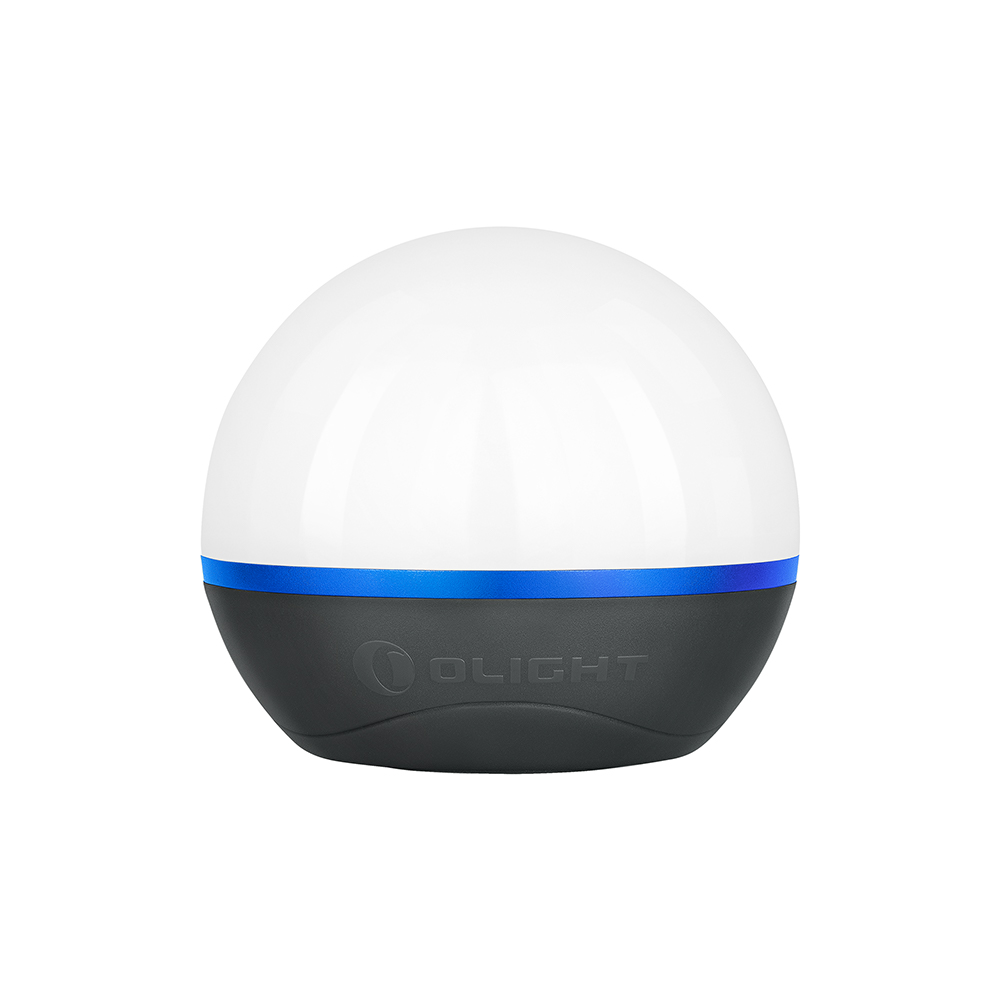 Olight Obulb spherical LED lantern with white dome, blue accent ring, and black magnetic base isolated on white background