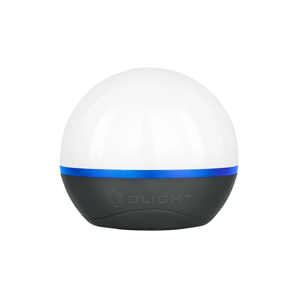 Olight Obulb spherical LED lantern with white dome, blue accent ring, and black magnetic base isolated on white background